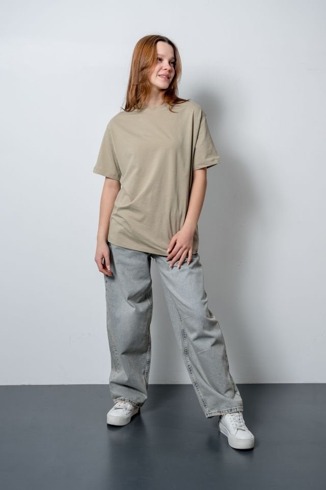 Kız Çocuk Beige Oversize Tshirt Jean Pantolon Takımı