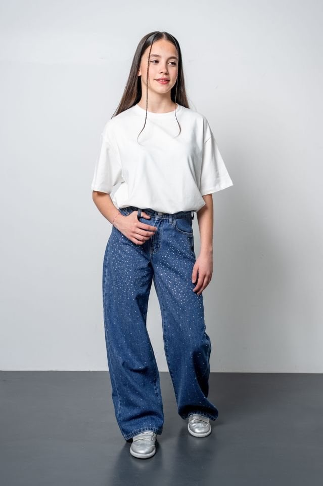 Kız Çocuk White Oversize Tshirt Denim Pantolon Takımı