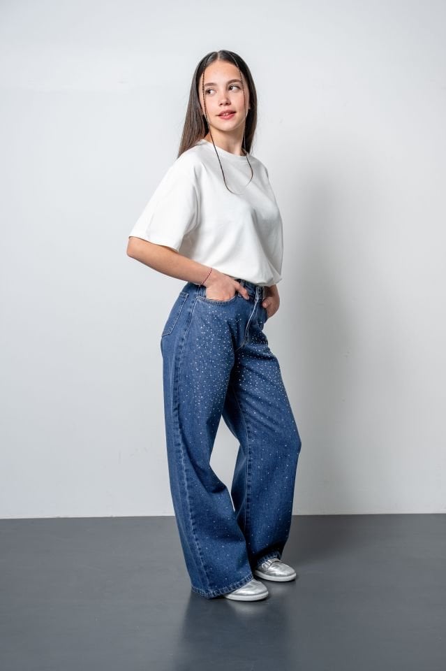 Kız Çocuk White Oversize Tshirt Denim Pantolon Takımı