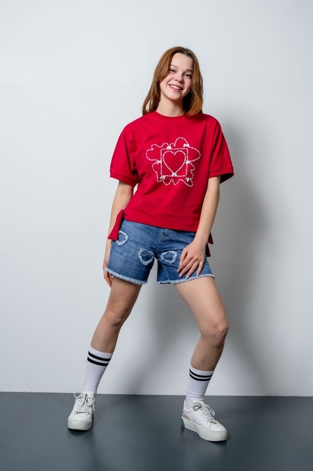 Kız Çocuk Red Oversize Tshirt Denim Şort Takımı