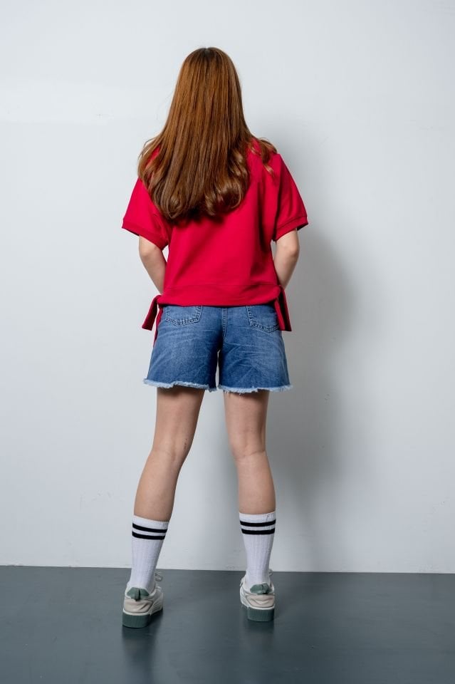 Kız Çocuk Red Oversize Tshirt Denim Şort Takımı