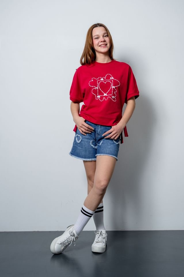 Kız Çocuk Red Oversize Tshirt Denim Şort Takımı