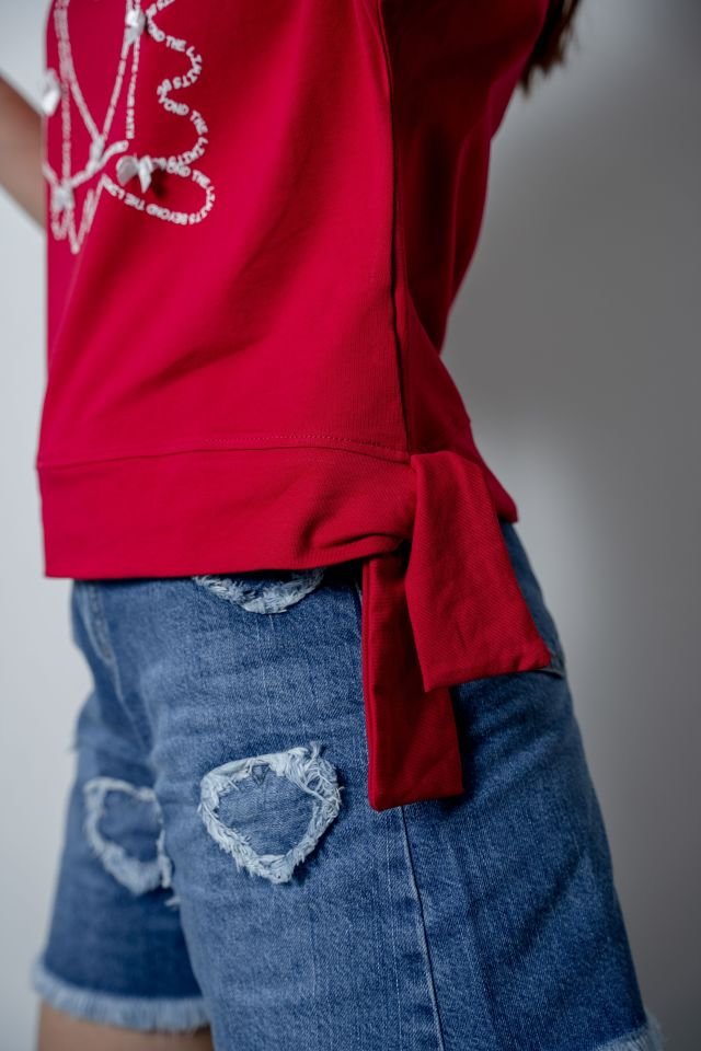 Kız Çocuk Red Oversize Tshirt Denim Şort Takımı