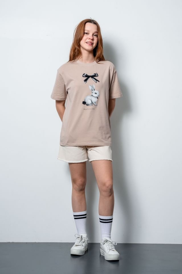 Kız Çocuk Beige Oversize Tshirt Ekru Denim Şort Takımı