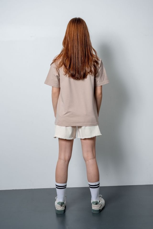 Kız Çocuk Beige Oversize Tshirt Ekru Denim Şort Takımı