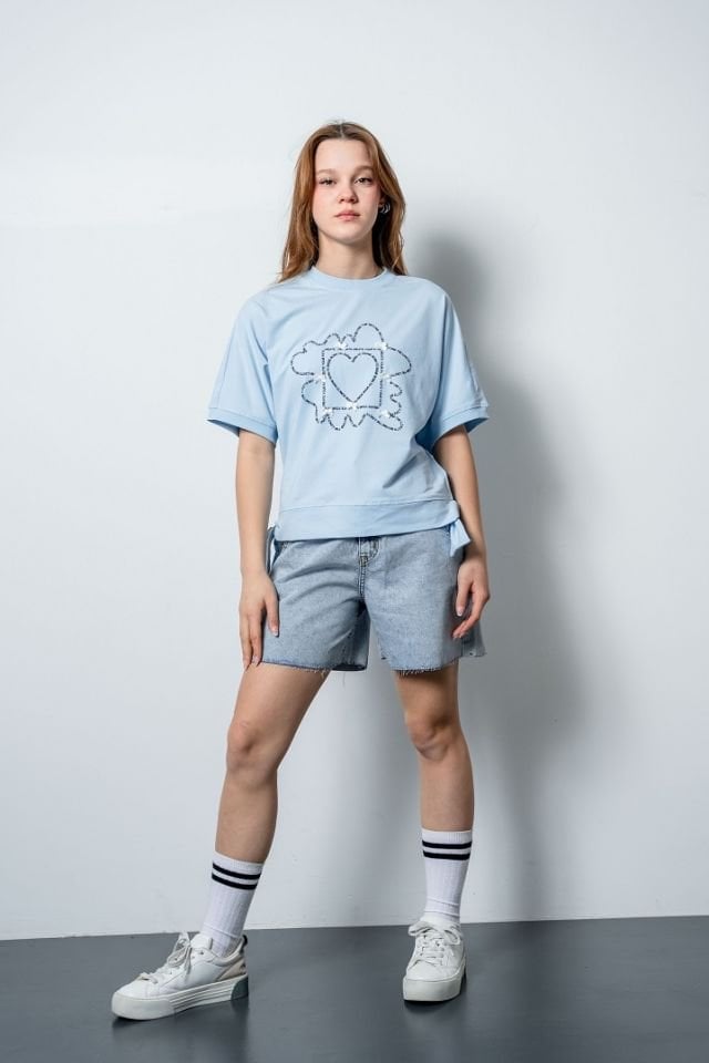 Kız Çocuk Baby Blue Oversize Tshirt Denim Şort Takımı