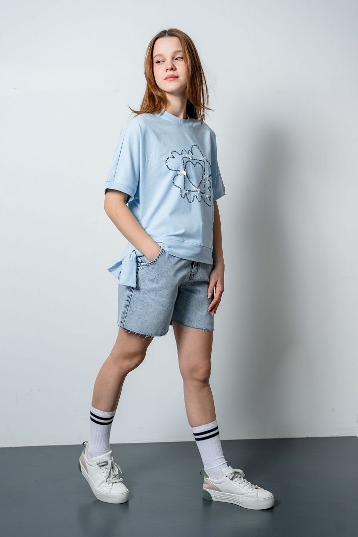 Kız Çocuk Baby Blue Oversize Tshirt Denim Şort Takımı