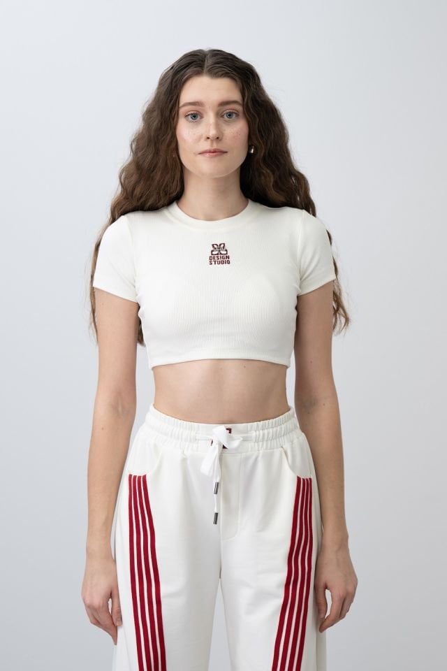 Kız Çocuk White Crop Tshirt Çizgili Eşofman Takımı