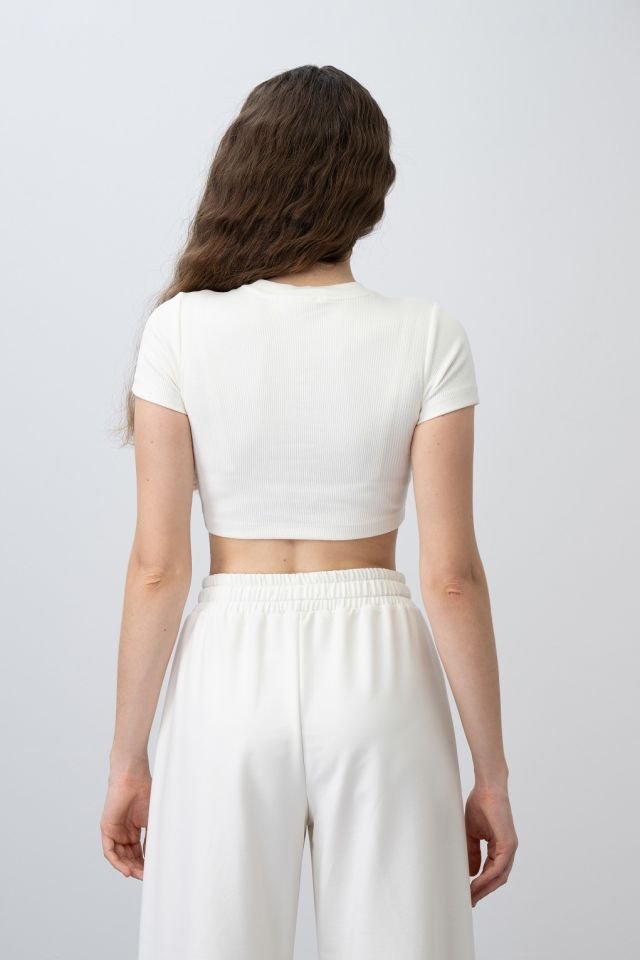 Kız Çocuk White Crop Tshirt Çizgili Eşofman Takımı