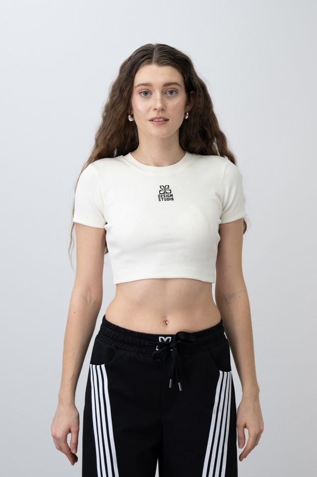 Kız Çocuk White Crop Tshirt Çizgili Eşofman Takımı