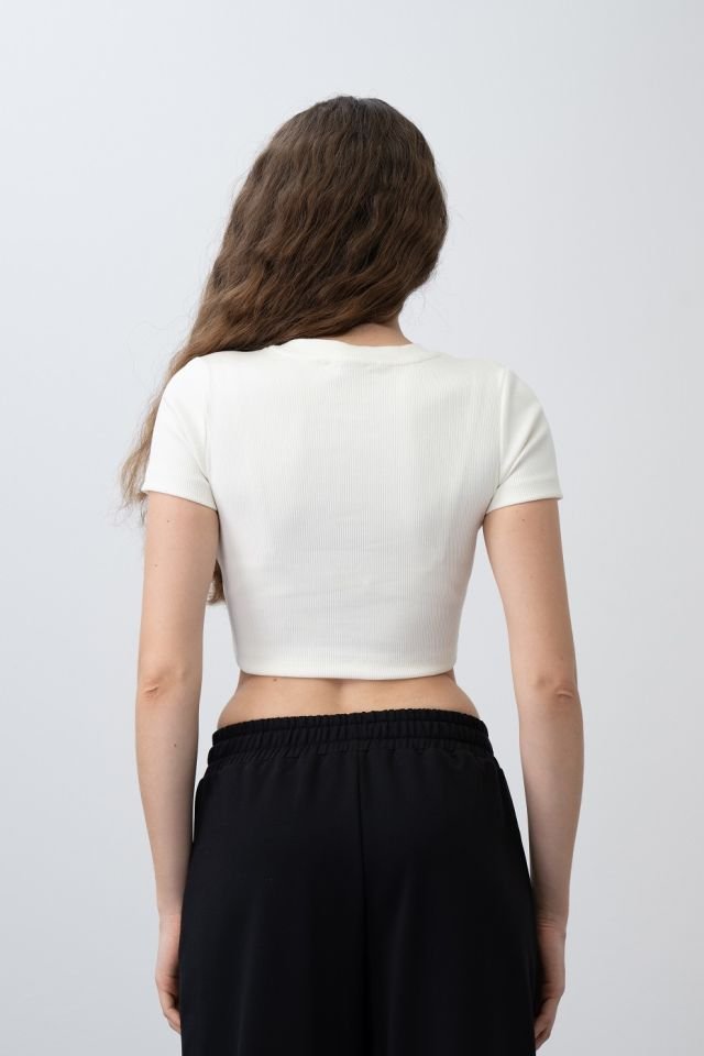 Kız Çocuk White Crop Tshirt Çizgili Eşofman Takımı