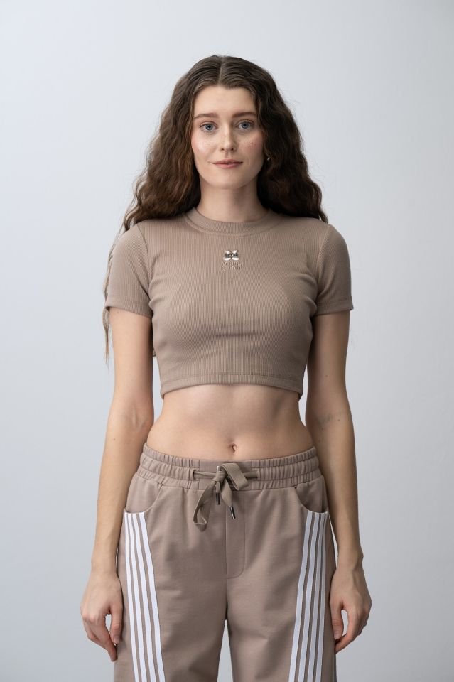 Kız Çocuk Capuccino Crop Tshirt Çizgili Eşofman Takımı