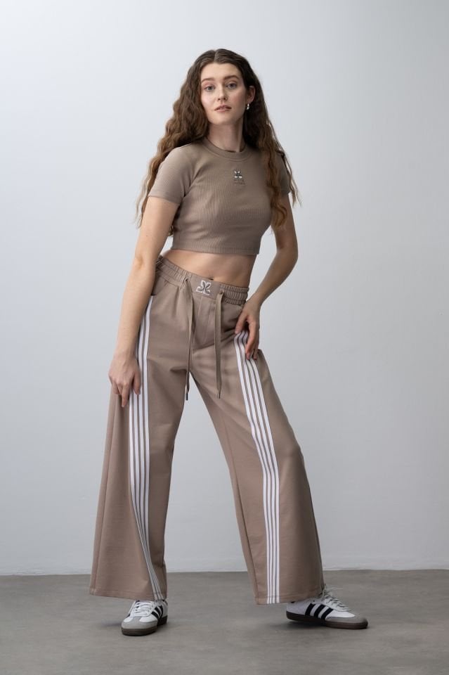 Kız Çocuk Capuccino Crop Tshirt Çizgili Eşofman Takımı