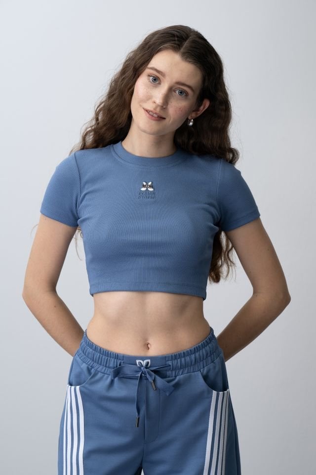 Kız Çocuk Warm Blue Crop Tshirt Çizgili Eşofman Takımı
