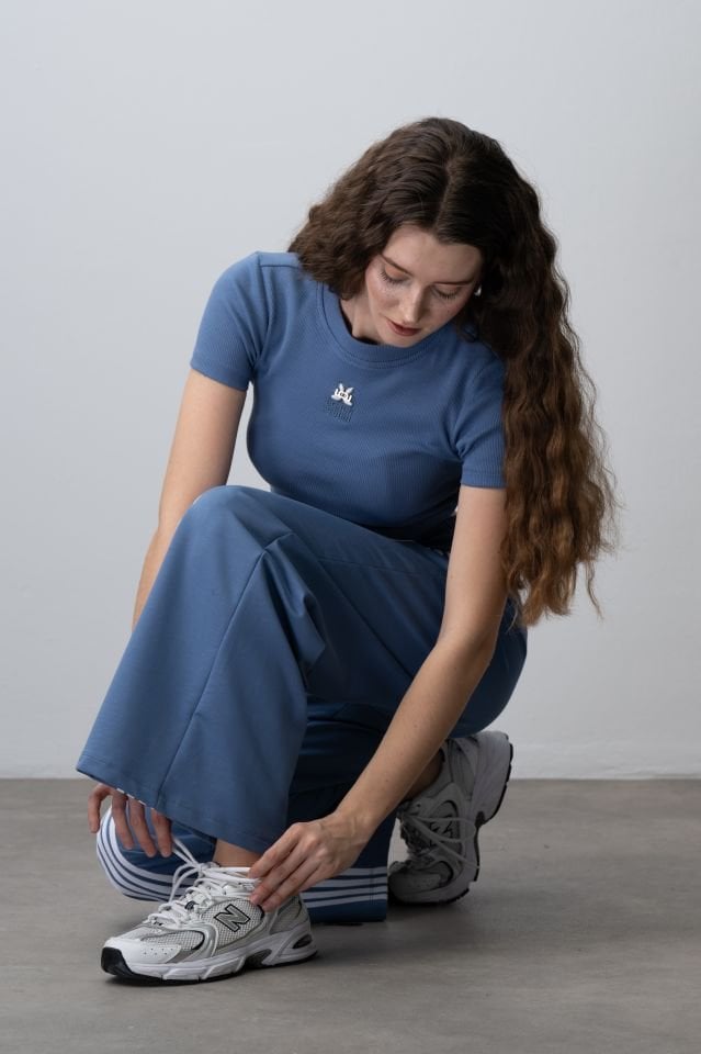 Kız Çocuk Warm Blue Crop Tshirt Çizgili Eşofman Takımı