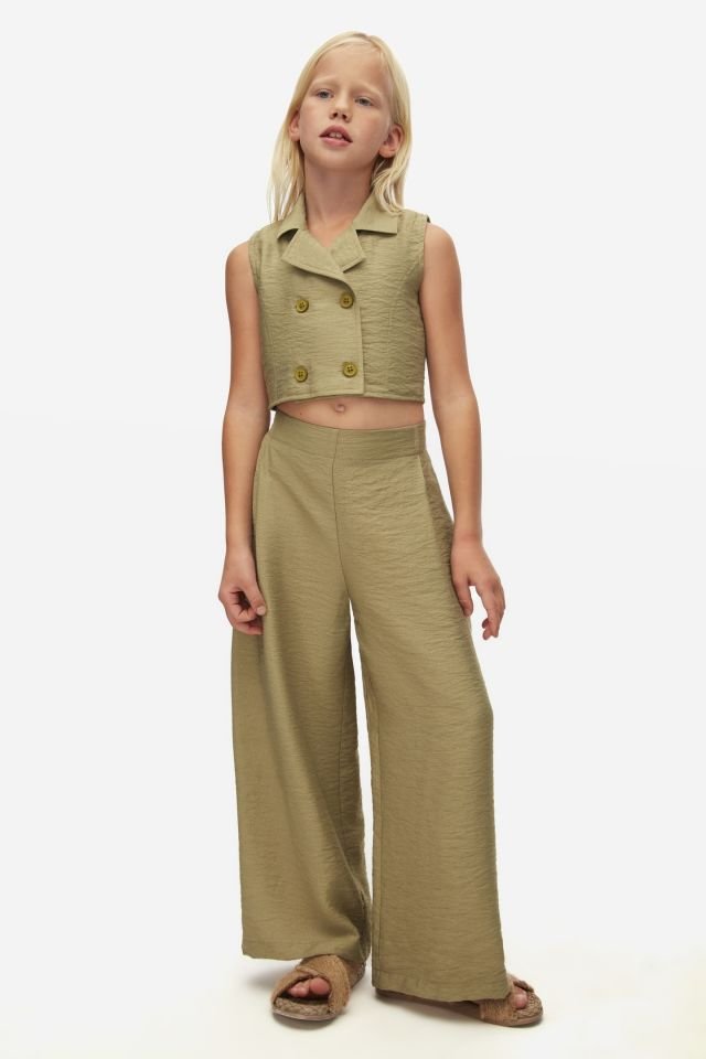 Kız Çocuk Haki Crop Ceket ve Pantolon Takım