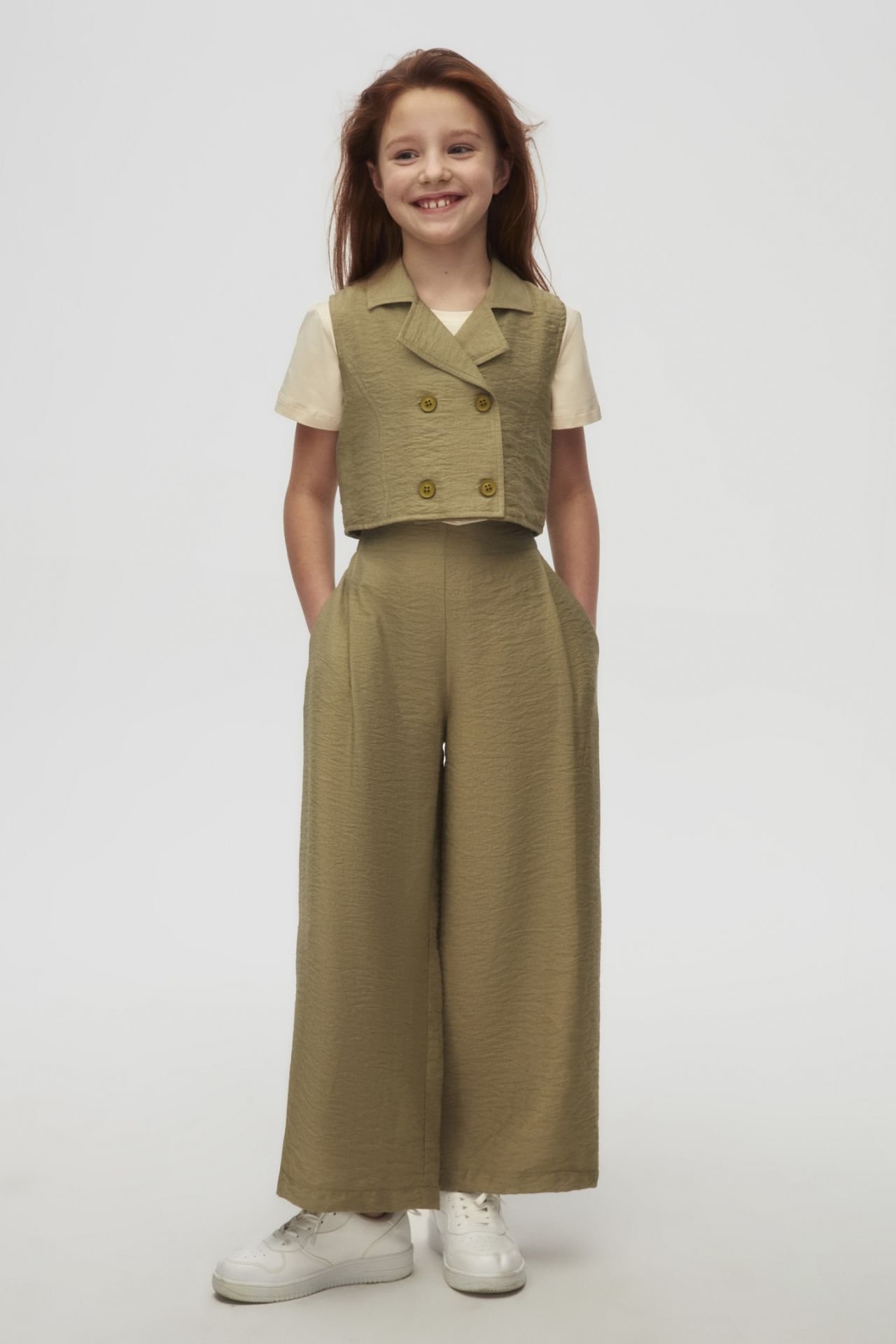 Kız Çocuk Haki Crop Ceket ve Pantolon Takım