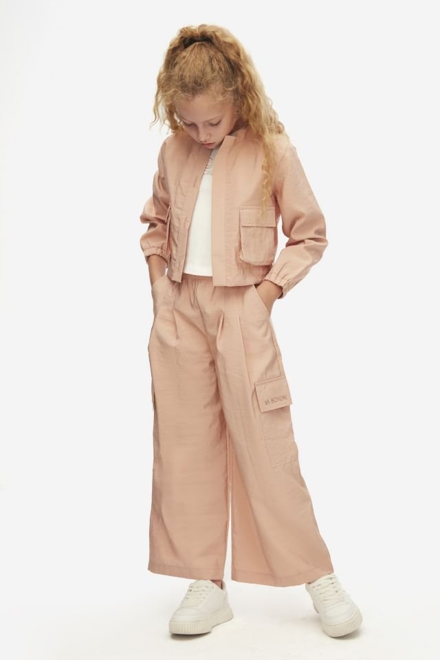 Kız Çocuk Toz Pembe Ceket Crop Tişört ve Pantolon Takım