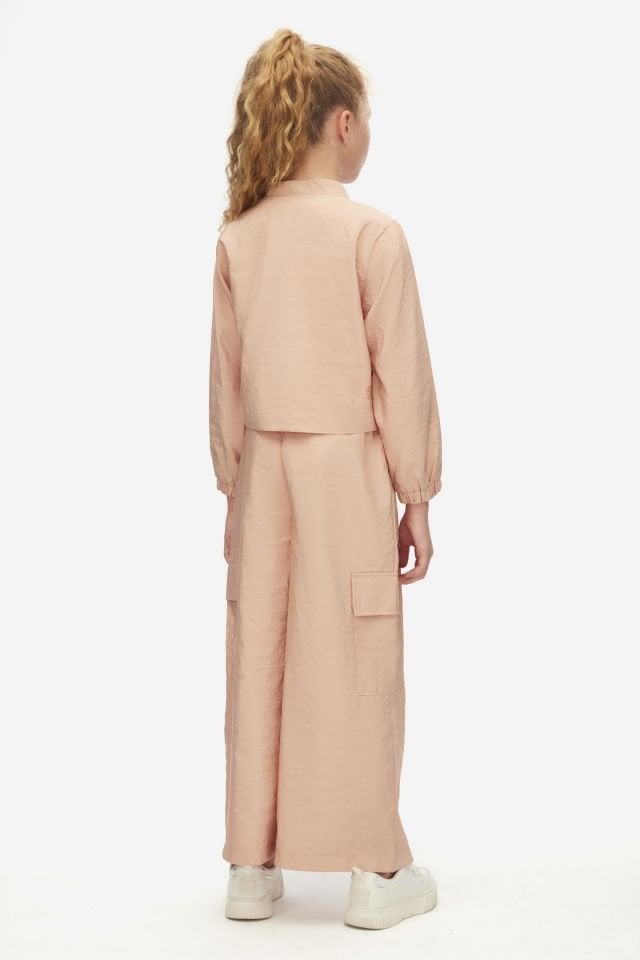 Kız Çocuk Toz Pembe Ceket Crop Tişört ve Pantolon Takım