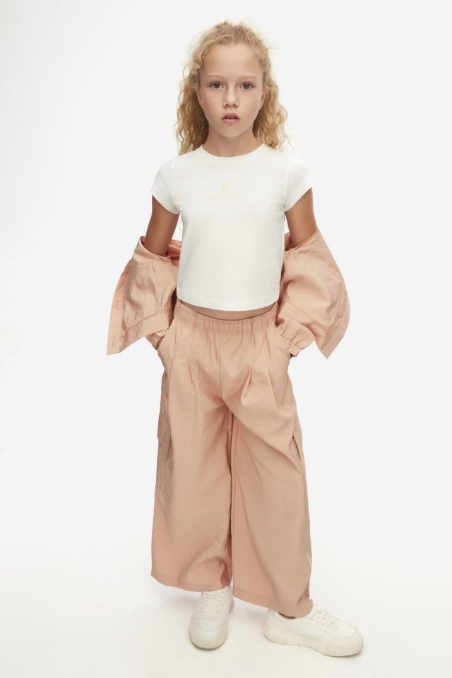 Kız Çocuk Toz Pembe Ceket Crop Tişört ve Pantolon Takım