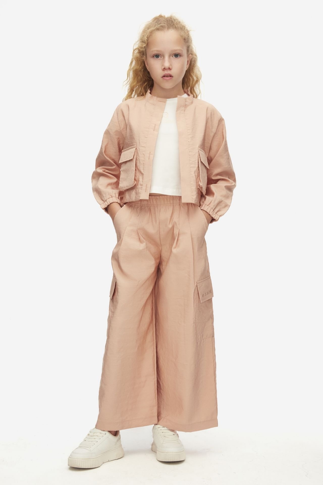 Kız Çocuk Toz Pembe Ceket Crop Tişört ve Pantolon Takım