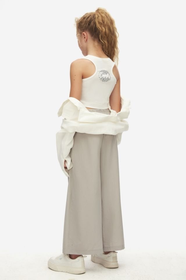 Kız Çocuk Crop Tişört Beyaz Ceket ve Pantolon Takım