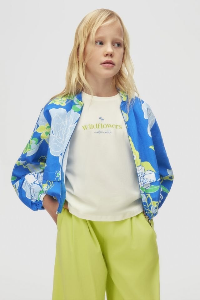 Kız Çocuk Sky Desenli Ceket Crop Tişört Pantolon Takım