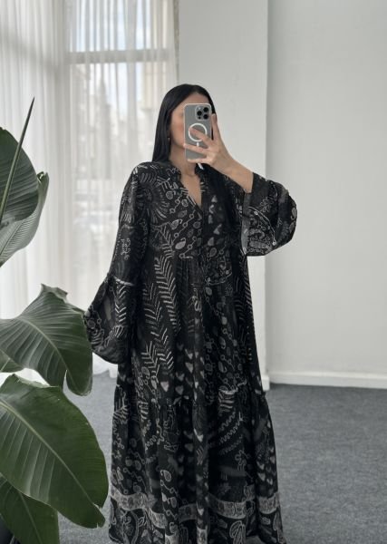 Kol Volan Desenli Elbise - Siyah