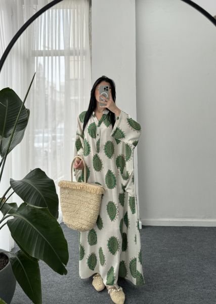 Hakim Yaka Desenli Oversize Elbise - Yeşil