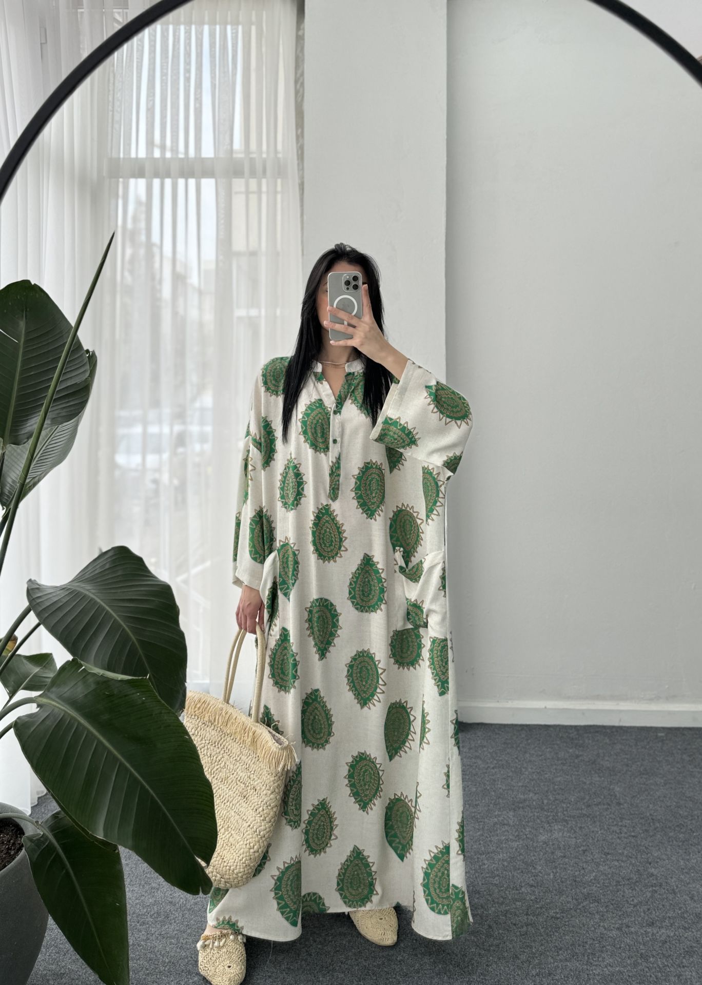 Hakim Yaka Desenli Oversize Elbise - Yeşil