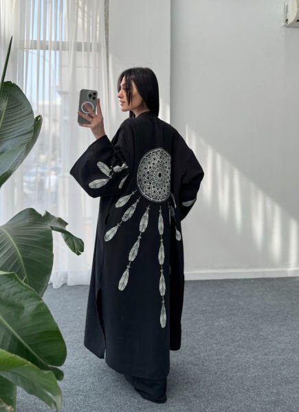 Sırt Baskılı Kumaşlı Kimono- Siyah