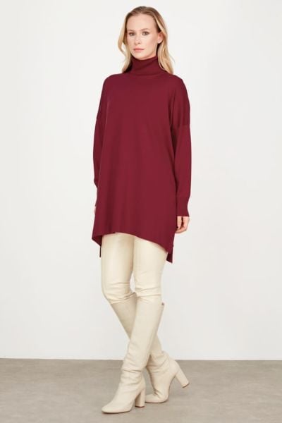 Balıkçı Yaka Oversize Basic Triko Tunik KIRMIZI