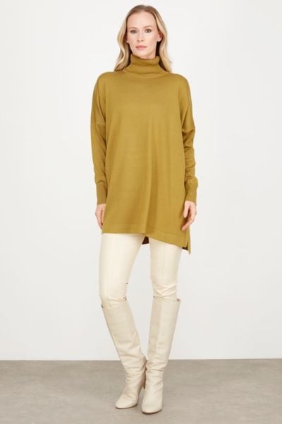 Balıkçı Yaka Oversize Basic Triko Tunik LİME