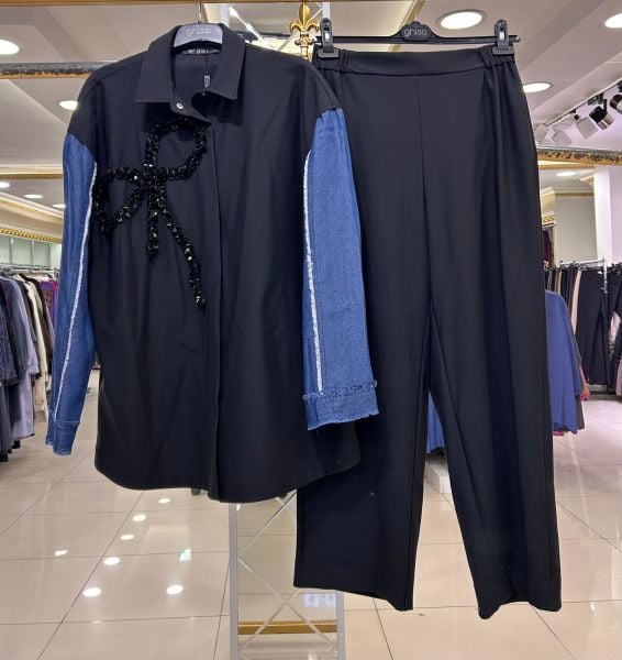 KURDELE İŞLEMELİ KOT DTY. PANTOLONLU TAKIM/GHISA