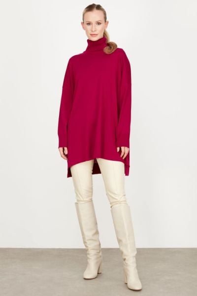 Balıkçı Yaka Oversize Basic Triko Tunik FUŞYA