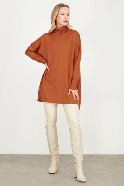 Balıkçı Yaka Oversize Basic Triko Tunik ORANJ