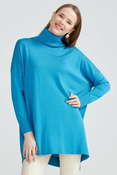 Balıkçı Yaka Oversize Basic Triko Tunik MAVİ