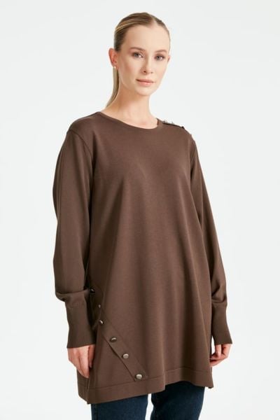 DÜĞME DETAYLI BASİC RAYON TUNİK KAHVE
