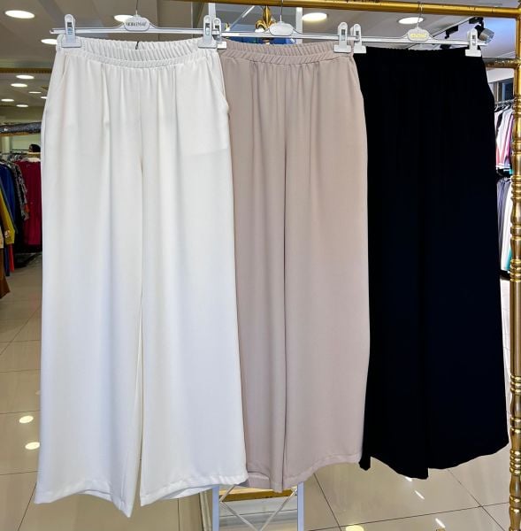 AKIŞKAN KREP KUMAŞ BELİ LASTİKLİ BOL PAÇA PANTOLON