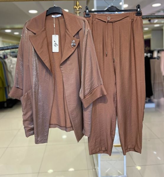 Saten Spor Detaylı Ceket Pantolon Takım / Tığtriko