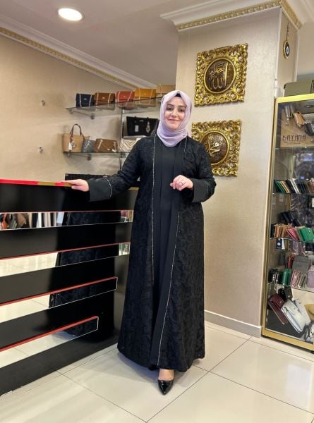 WENNEW/ SİMLİ DANTEL DETAY ABAYA TAKIM