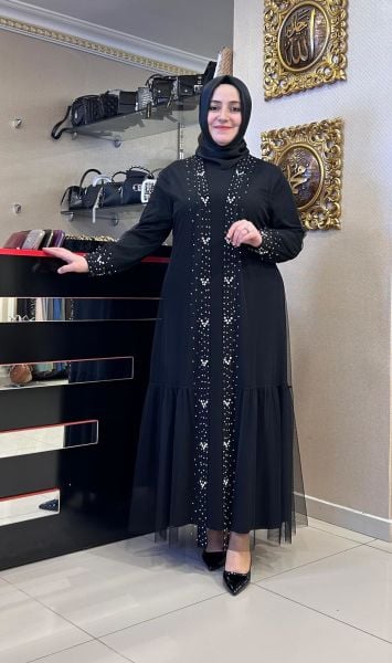 ÜZERİ İNCİ VE TAŞ İŞLEMELİ ABAYA TAKIM/BELGİN