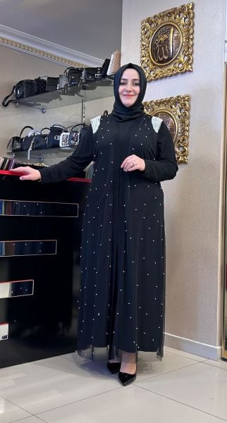 OMUZLARI İNCİ İŞLEMELİ YELEKLİ ABAYA TAKIM/BELGİN