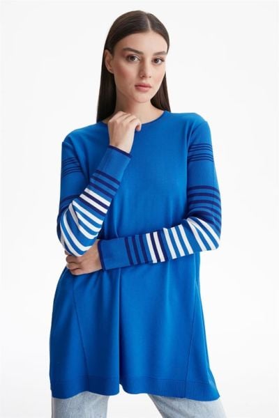 KOLLARI ÇİZGİLİ BASİC RAYON TRİKO TUNİK MAVİ/ TIĞTRİKO