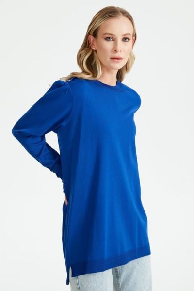 KOLLARI BÜZGÜLÜ DÜĞME DETAYLI RAYON TUNİK SAKS