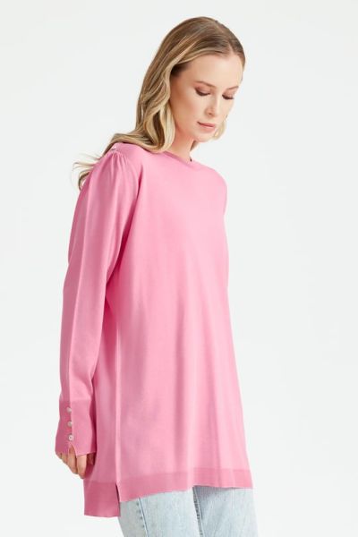 KOLLARI BÜZGÜLÜ DÜĞME DETAYLI RAYON TUNİK PEMBE