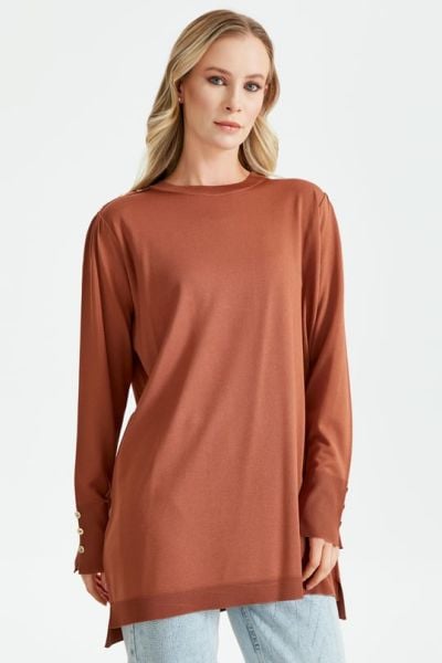 KOLLARI BÜZGÜLÜ DÜĞME DETAYLI RAYON TUNİK KAHVE