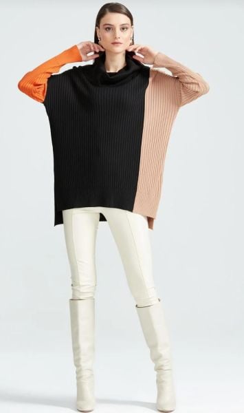 Colorblock Yüksek Degaje Yaka Triko Tunik SİYAH