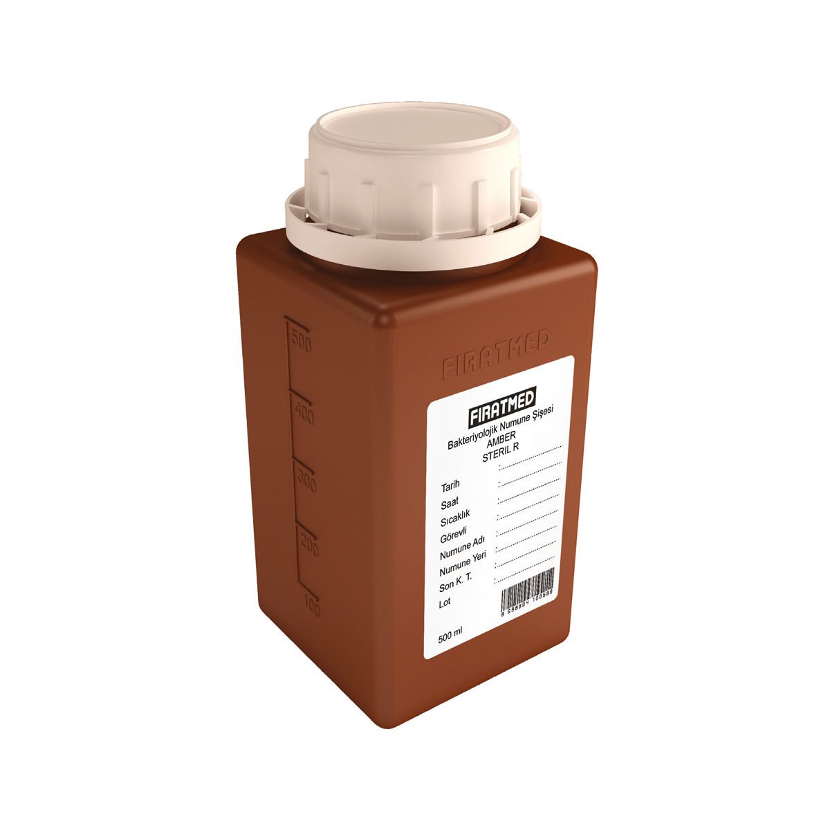 FIRATMED Su Numune Şişesi Amber - Tiyosülfatsız - 500mL - Steril - Etiketli