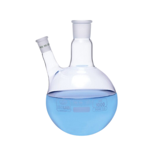 ISOLAB - Balon - Dibi Yuvarlak - 2 Boyunlu - Yan Dişi Şilif - Merkez Boyun : NS 14/23 - Yan Dişi Şilif : NS 14/ 23 - 250 ml